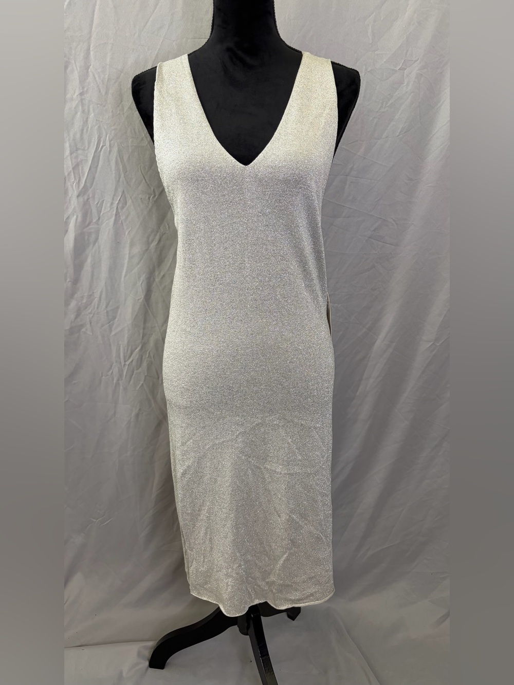 Ya-Ya Silver Metallic V-Neck Dress with Subtle Shimmer